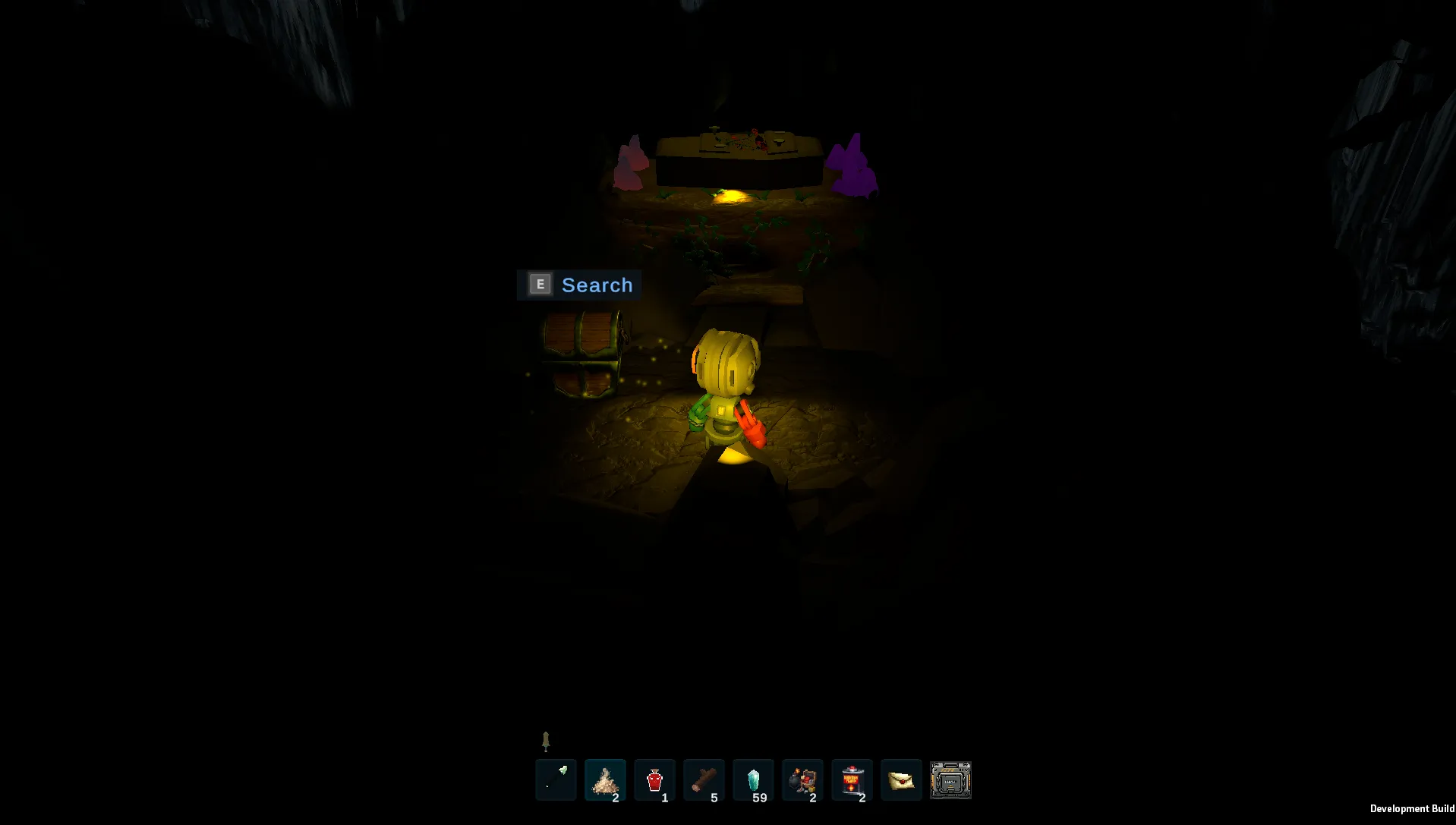 A hidden cave with a chest, an altar, and purple crystals