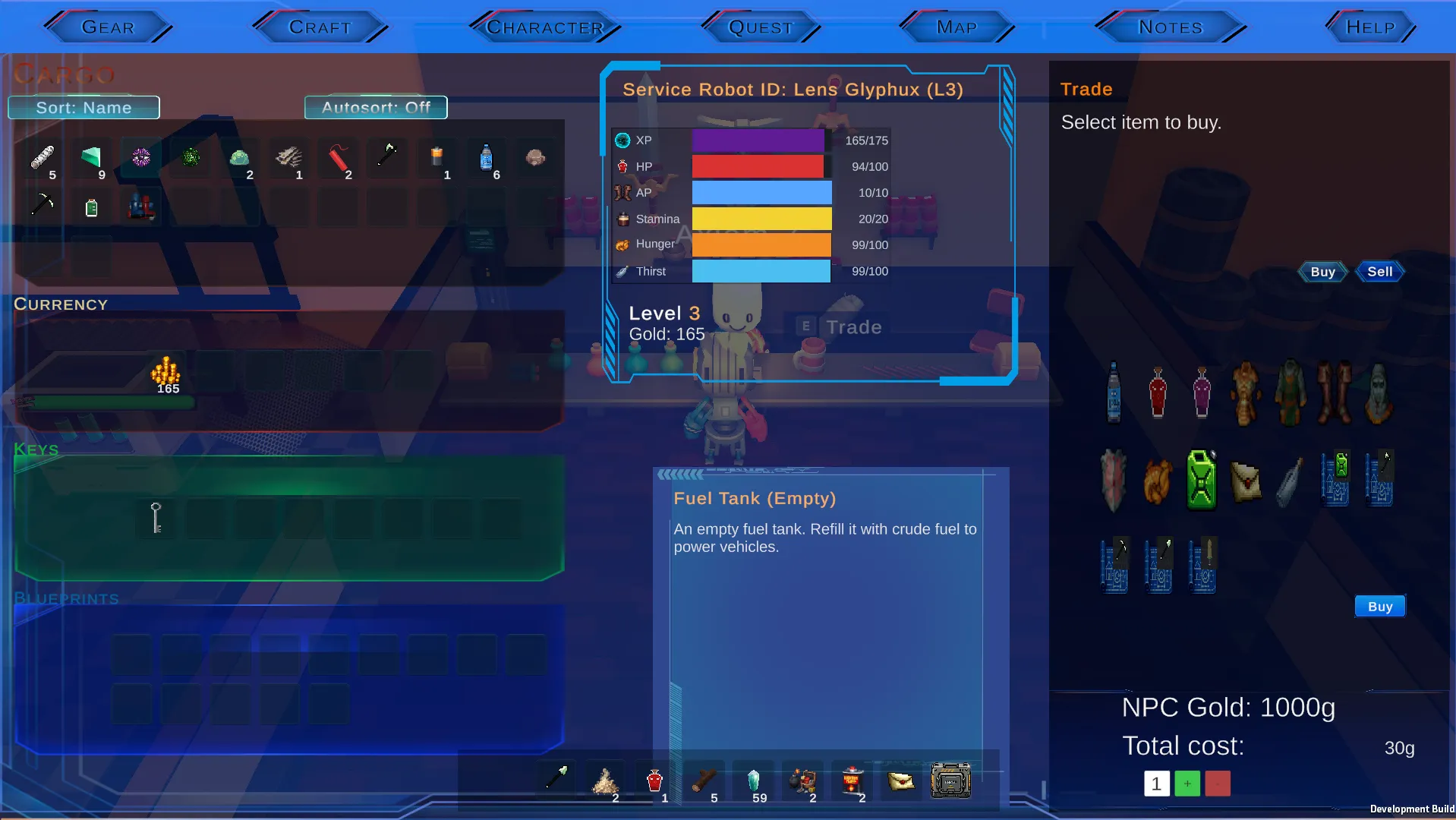 Trading gear and supplies at the inventory screen