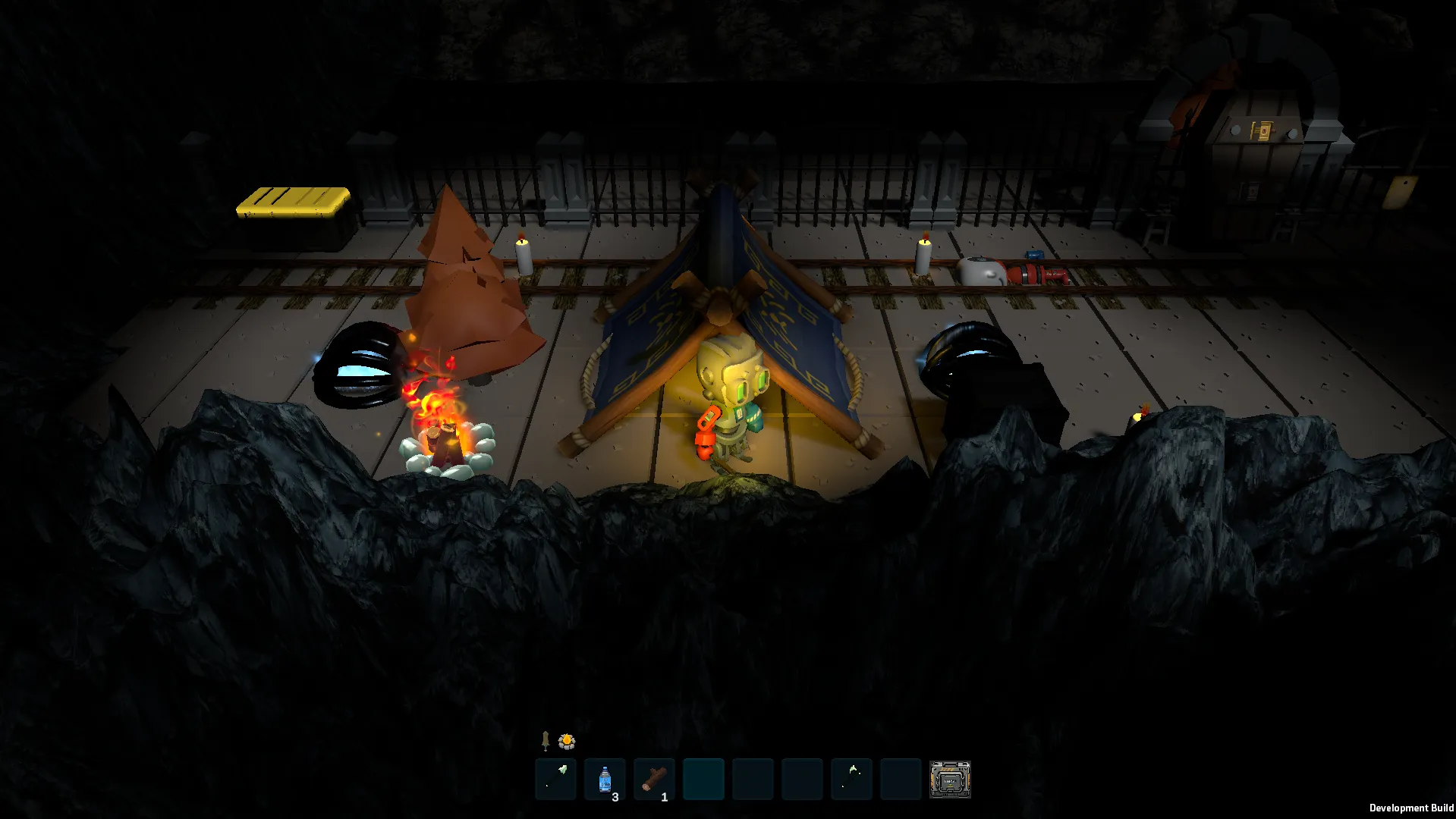 A player camp with a tent and a campfire