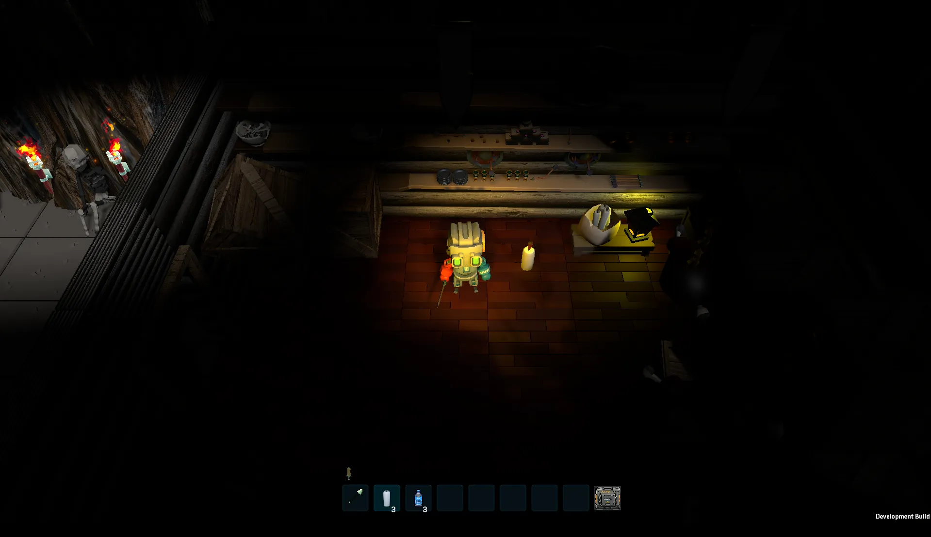Candlelight in a storage room, crates and shelves around the player